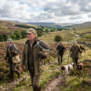Four falconers carrying birds walk with two dogs across a moorland trail