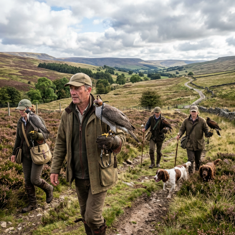 Four falconers carrying birds walk with two dogs across a moorland trail